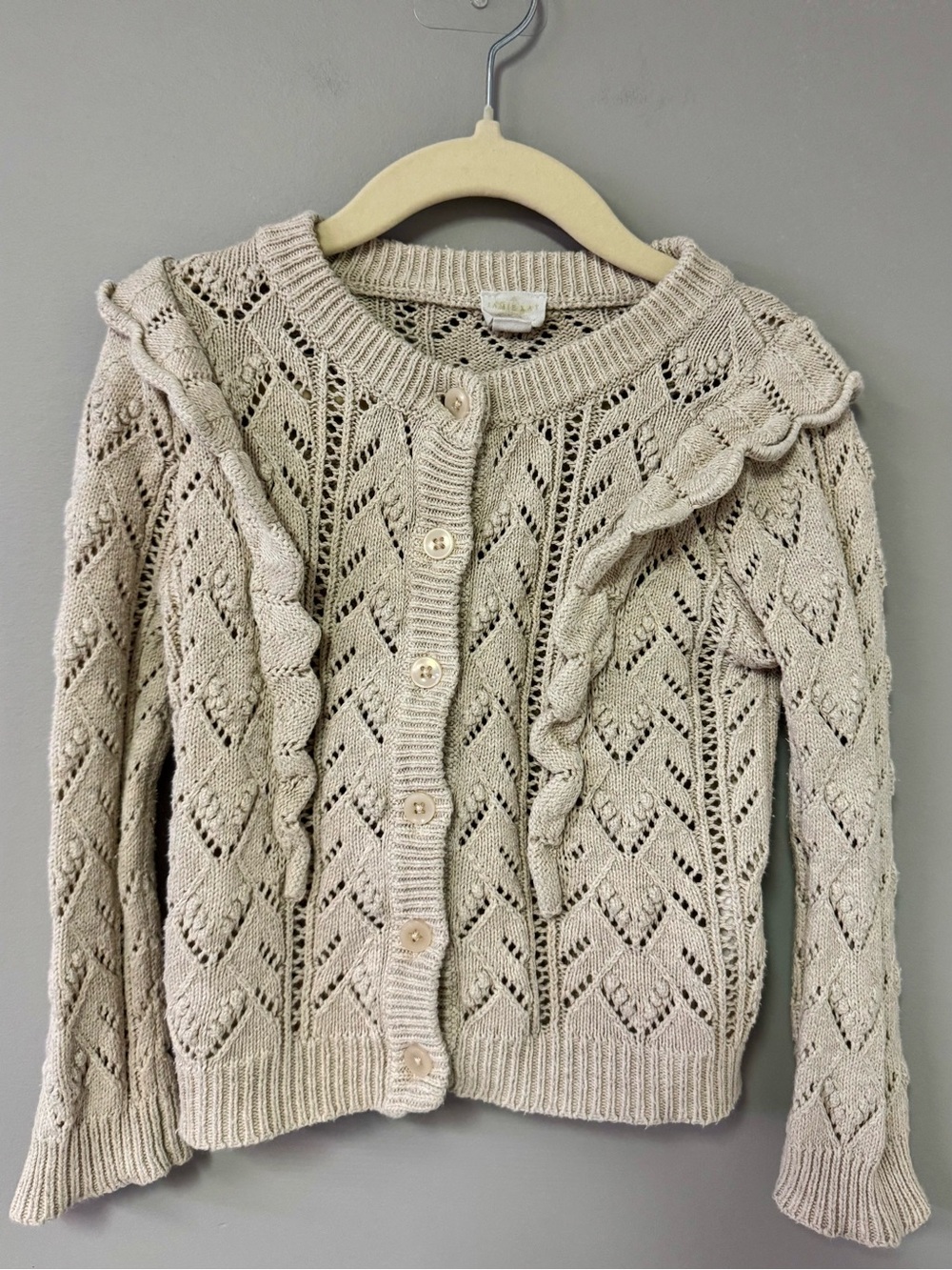 Jamie Kay Cream Openwork Knit Ruffle-Trim Cardigan